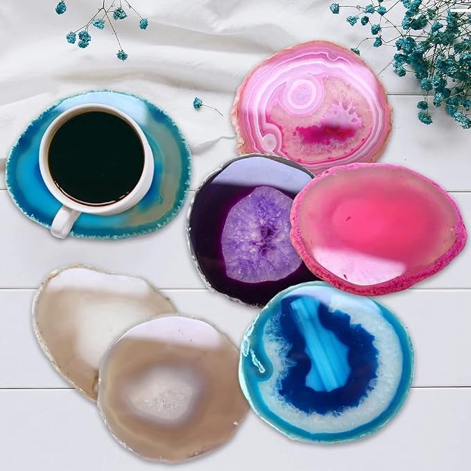 Natural Agate Coasters Set of 4, Brown Geode Stone Slices 4-5" for Coffee Mugs & Whiskey Glasses, Crystal Stone Table Decor with Rubber Bumpers