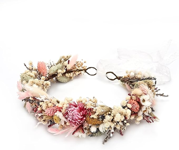 Handcrafted Dried Flower Crown, Natural Preserved Daisy Wreath Headband in Cream and Pink, Rustic Wedding Hair Garland for Kids and Flower Girls