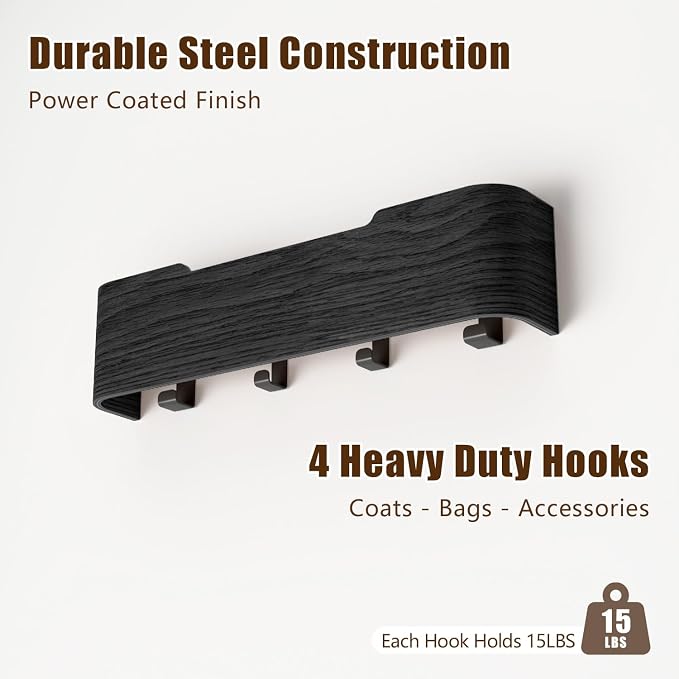 Coat Rack Wall Mount with Hidden Hooks, Wall Hooks with Shelf, Wall Key Holder Mount Wooden Shelf Entryway Hooks for Bedroom Bathroom for Hanging Coats Hats Bags Towels (Black, 4 Hooks)