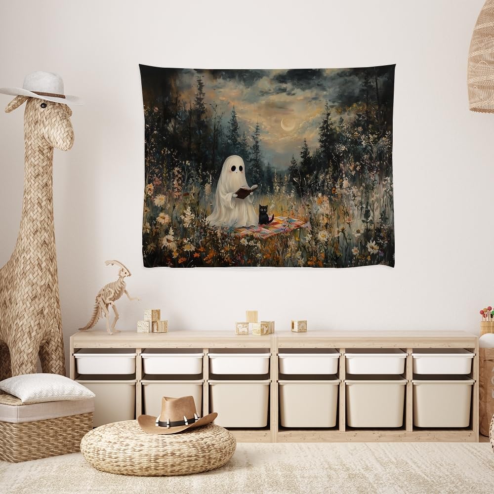 Halloween Ghost and Black Cat Tapestry Wall Hanging Spooky Ghos Reading Book in Wildflowers Wall Decor Halloween Witchy Room Aesthetic Tapestries for Goth Living Room Bedroom Decoration 70x90inch