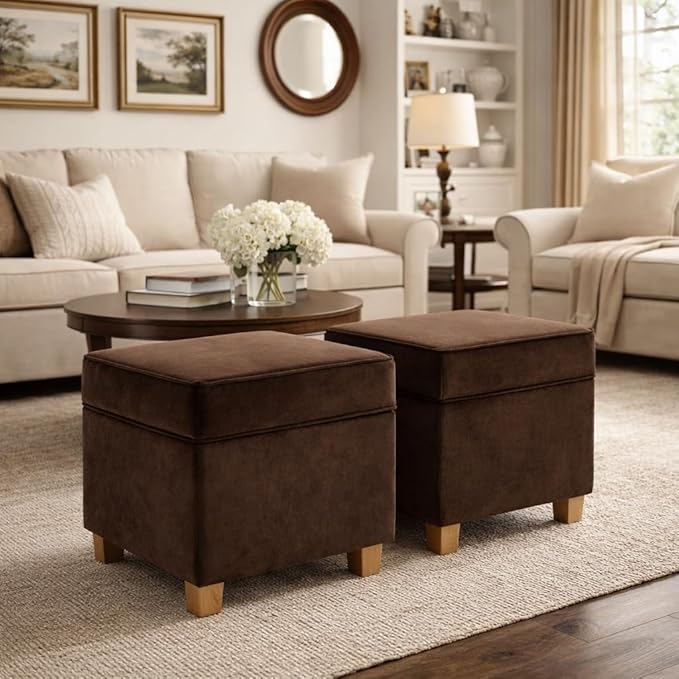 Homepop Home Decor Classic Square Storage Ottoman with Lift Off Lid | Ottoman with Storage for Living Room & Bedroom, Chocolate Brown Velvet