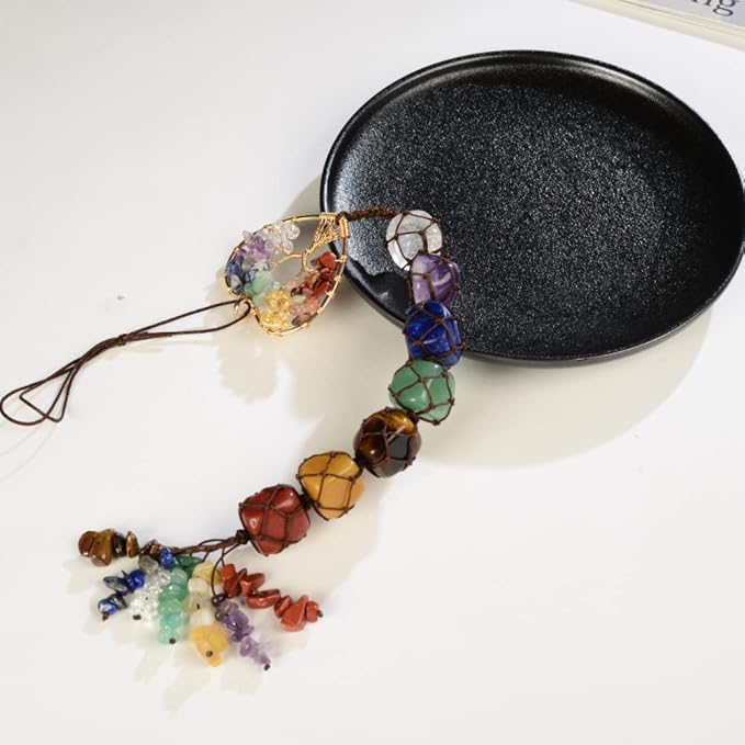 Anjiucc Handmade Crystal Chakra Swing Pendant Mirror Hanging car Accessories Tree of Life Stone Tree feng Shui Home Decoration Window