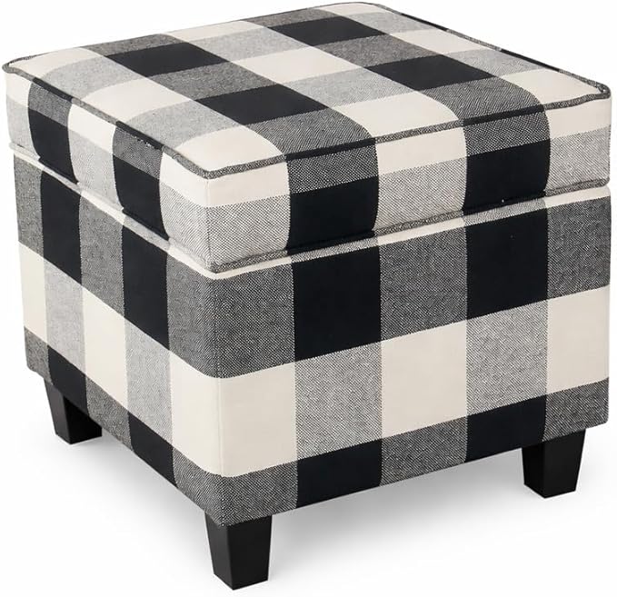 HomePop Home Decor | K7342-F2262| Classic Square Storage Ottoman with Lift Off Lid | Ottoman with Storage for Living Room & Bedroom, Black Plaid Large