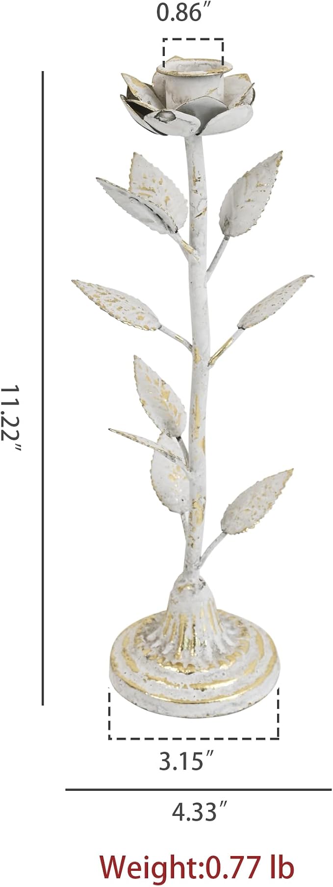 2-Piece Vintage Rose Taper Candle Holders, Distressed Distressed White & Gold Metal Candlestick Stands with Pink Floral Design, 12.2" Tall Rustic Farmhouse Tabletop Decor for Wedding, Dining & Home