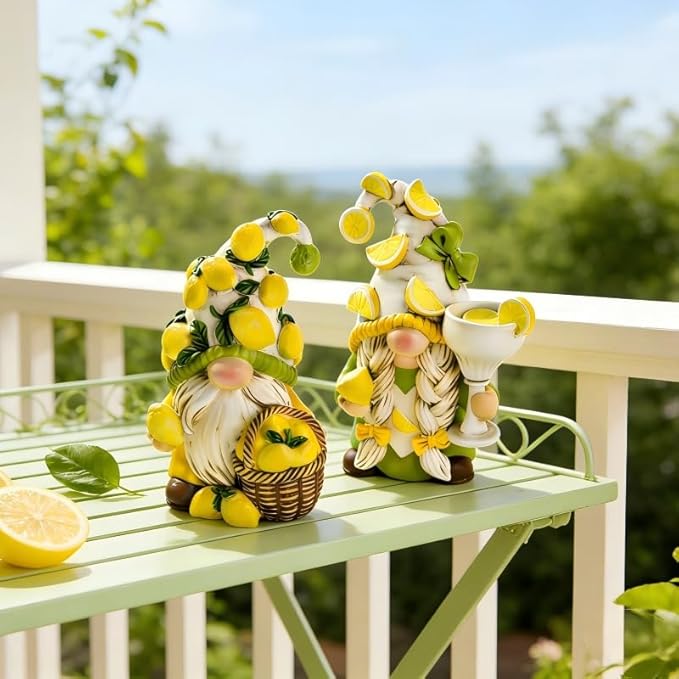 Hodao 2PCS Lemon Gnome Figurine Set - Lemon-Themed Gnome Indoor Home Decor for Summer - Small Decorative Gnomes for Kitchen, Living Room, or Shelf - Cute Ornament Set