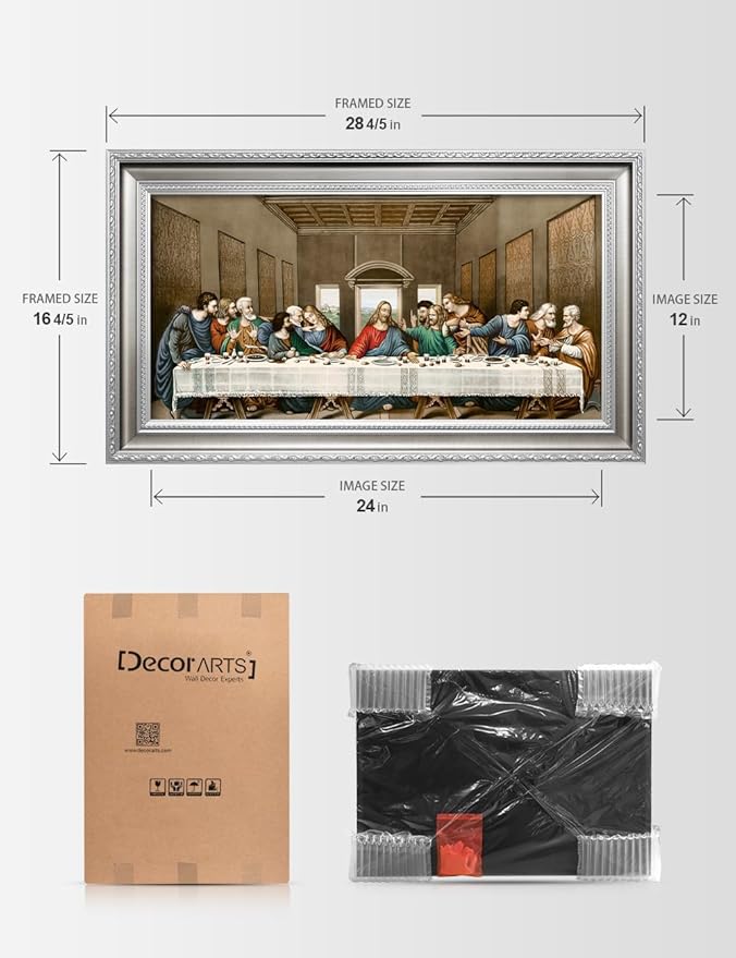 DECORARTS - The Last Supper, Leonardo da Vinci Classic Art Reproductions. Giclee Prints Acid Free Cotton Canvas with Matching Silver Solid Wooden Frame. Total Framed Size: 28.5" W x 16.5" H