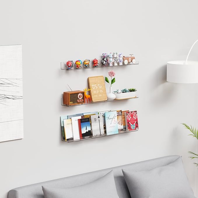 Yieach 6 Pack Acrylic Shelves for Wall Storage- No Drilling Adhesive Shelves - Clear Stick On Bathroom Wall Shelf Organizers,Plastic Floating Shelves for Perfume,Funko,Lego,Skincare,Bookshelf for Kids
