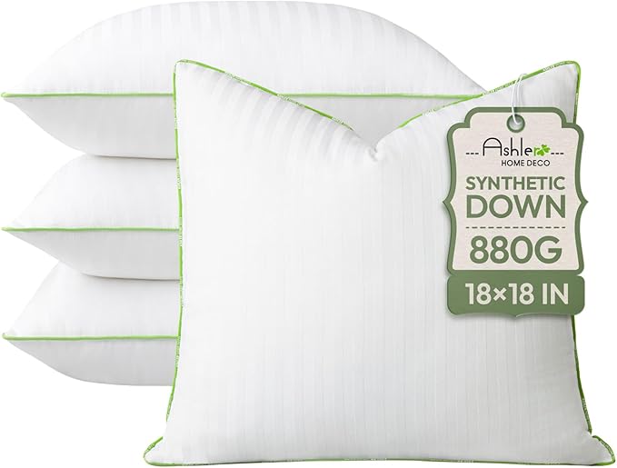 Ashler Home Deco Synthetic Down Pillow Inserts, 18x18 Down Alternative Throw Pillows Insert Sleeping Pillows with 100% Cotton Cover Decorative Pillow Stuffer for Sofa, Couch Bed(Set of 4, White)