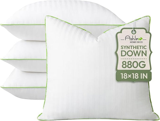 Ashler Home Deco Synthetic Down Pillow Inserts, 18x18 Down Alternative Throw Pillows Insert Sleeping Pillows with 100% Cotton Cover Decorative Pillow Stuffer for Sofa, Couch Bed(Set of 4, White)