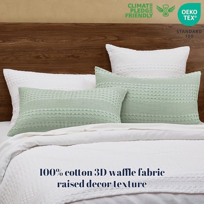 PHF 100% Cotton Waffle Pillow Shams Queen Size, 2 Pack 20" x 30" Soft Skin-Friendly Pillowcases, No Filling, Aesthetic Woven and Breathable Waffle Weave Pillow Case Covers for Bed, Mint Green