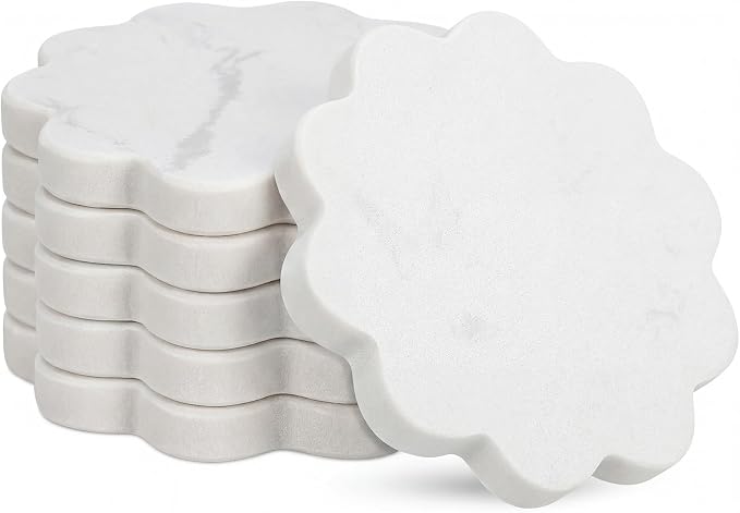 6 Piece Marble Coaster Set 4 x 4 Inch Natural Stone Coasters Scalloped Calacatta White Stone, Luxury Home Decoration, Drink Coasters for Coffee Table, Desk, Bar, Elegant Tabletop Accessories