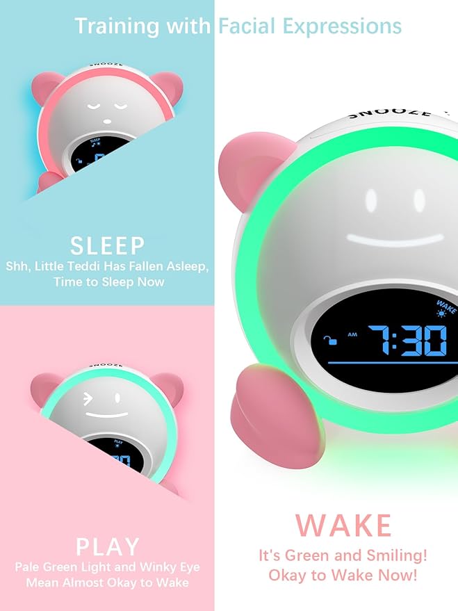 OK to Wake Clock for Kids, Sleep Training Clock with Night Light and Sound Machine, Kids Alarm Clock for Bedrooms (Pink)