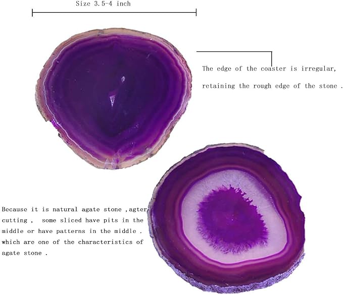 JIC Gem 3.5-4" Dyed Purple Agate Coaster Natural Sliced Geode Agate Stone Coasters for Small Cup Polished with Rubber Bumper Set of 4 Home Decoration