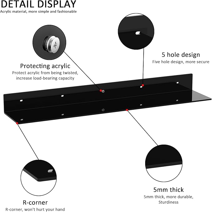 Sezanrpt 30 Inches Acrylic Long Wall Shelf Set of 2, Black Wall Mounted Acrylic Bathroom Storage Shelves Display Organizer, 2 Pack(30 Inch)
