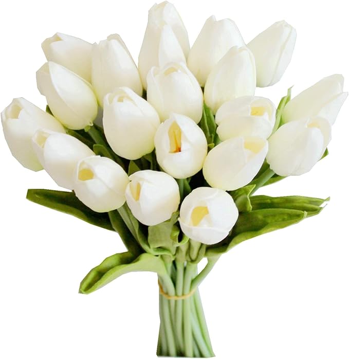 Mandy's White Artificial Tulips Flowers Centerpiece, 13.5" Lifelike PU Fake Floral Stems 20pcs for Kitchen Island & Dining Table, Spring Decor for Easter