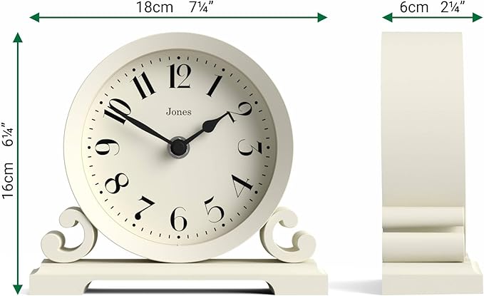 JONES CLOCKS® Saloon Mantel Clock | Small Traditional Double Scroll Design | Pale Cream | Contemporary Classic Style for Desk, Table, Shelf or Bedside