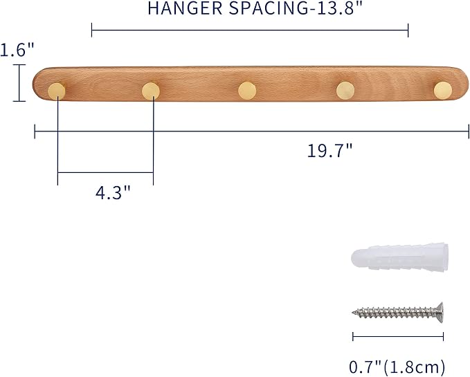 Coat Rack Wall Mounted,Beech Wood Heavy Duty Wall Hooks, Metal Coat Hook Rail with 5 Hooks for Hanging Coats, Backpacks,Towels, Bags, Dog Leashes, Entryway, Bathroom, Bedroom