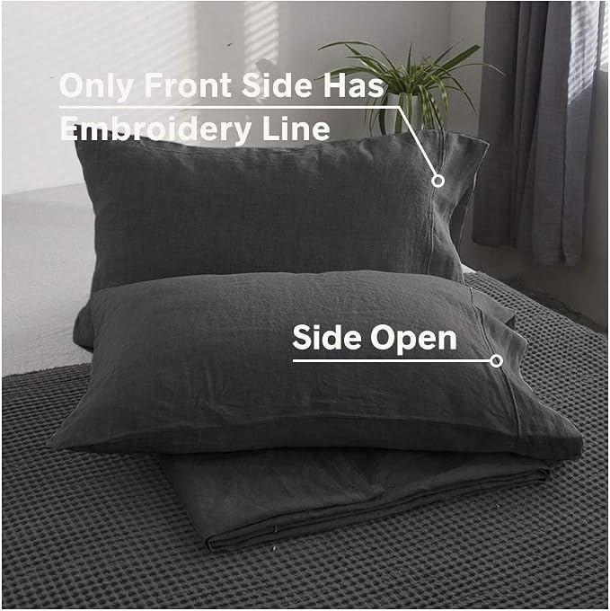 100% French Linen Pillowcases with Embroidery - Pack of 2 - Washed Solid Color Natural Flax Soft Breathable - Dark Grey, 20'' x 40''