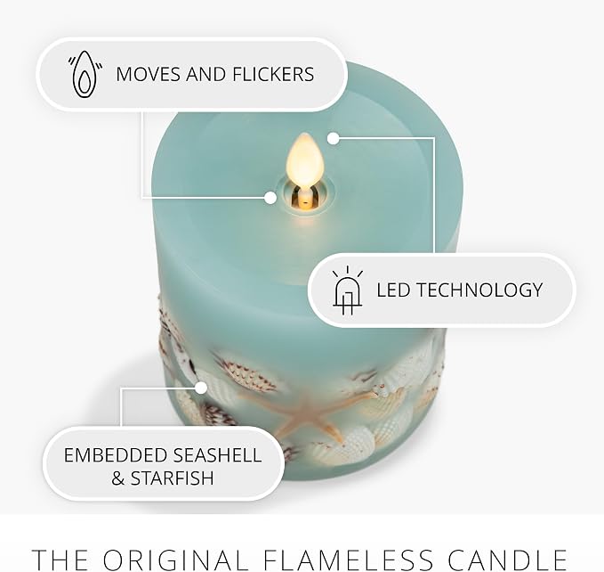 Luminara Flameless LED Candle Soft Teal Embedded Seashell & Starfish Moving Flame Pillar Unscented Real Wax with Recessed Edge, Timer (4.5-inch)
