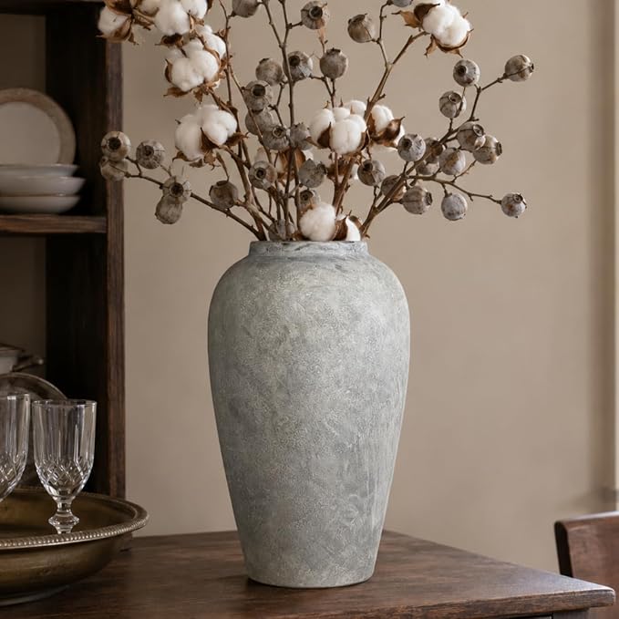 12 Inch Ceramic Rustic Vase, White Grey Farmhouse Flower Vases for Centerpieces & Home Decor, Handmade Pottery Vase for Living Room, Bedroom & Wedding Decor, Vintage Ceramic Vases for Gifts