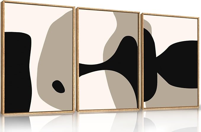 DRACIT Large Neutral Abstract Lines Framed Canvas Wall Art Set,Minimalist Black Beige Brown Wall Decor,Modern Mid Century Geometric Blocks Artwork for Living Room,Bedroom,Office-16 x24 x3