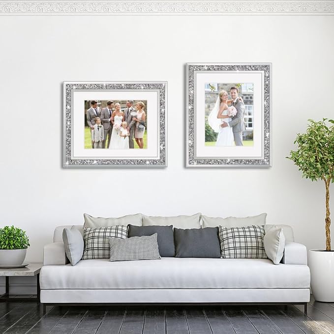 Crushed Diamond Wedding Mirror Photo Frame, Crystal Silver Glass Picture Frame For Photograph Size 11x14 inch With Mat for 8x10 inch, Pack of 2 Pieces Wall Frame. Bling Sparkle Diamond Home Decor.