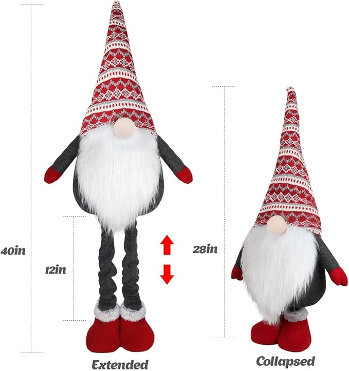 D-FantiX Large Standing Christmas Gnomes, 40 Inch Swedish Tomte Large Gnome Stuffed Plush with Retractable Spring Legs Knitted Hat Scandinavian Christmas Decorations Ornaments Holiday Home Decor