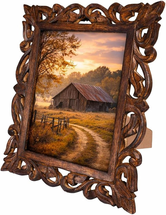 Large Hand Carved Mango Wood Rustic 8x10 Picture Frame with Real Glass - Aesthetic Vintage Wood Frame for Tabletop and Wall Mount Use - Rustic Home Decor Perfect for Your Memories