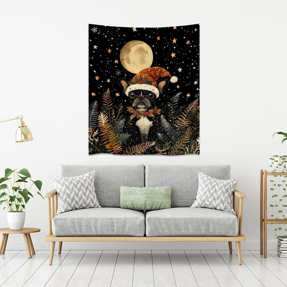 French Bulldog Christmas Tapestry Wall Hanging Cute Dog Santa Hat Moon Pictures Print Pet Lover Gift Funny Christmas Tapestries Aesthetic for Winter Home Nursery Kids Bedroom Decor 30x40inch