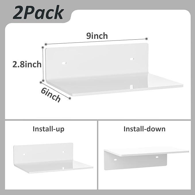 Sezanrpt 9 Inches Acrylic Wall Shelves 2 Pack, Floating Shelf for Wall Mounting, Acrylic Display Ledges for Funko Pop Figures, Home Décor, Living Room, Gaming Room, Plants(9 inch, White)