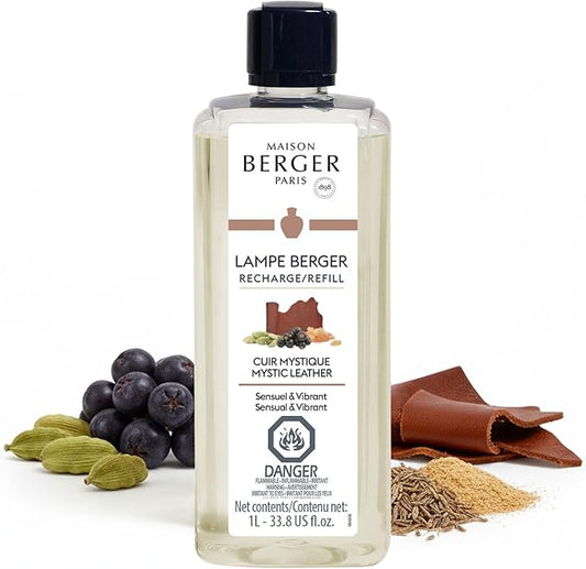 Maison Berger Mystic Leather Lampe Berger Refill, 1 Liter (33.8 fl oz), 2-in-1 Catalytic System, Neutralizes Odors and Diffuses Fragrance, Blackberries, Cardamom, Incense, Rose, Cumin, Made in France