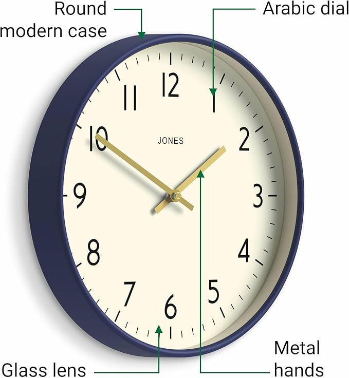 JONES CLOCKS® Studio wall Clock | Modern Round Style | 12 inch | Dark Navy Blue | Easy to Read Numbers | Versatile Design for Kitchen, Living Room or Office