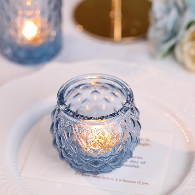 DARJEN Blue Votive Candle Holders Set of 24- Round Candle Holders Bulk, Glass Candle Holder for Vintage Decoration, Tea Lights Candle Holders for Wedding Shower, Party & Gift