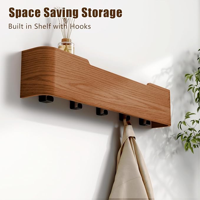 Coat Rack Wall Mount with Hidden Hooks, Wall Hooks with Shelf, Wall Key Holder Mount Wooden Shelf Entryway Hooks for Bedroom Bathroom for Hanging Coats Hats Bags Towels (Walnut, 5 Hooks)