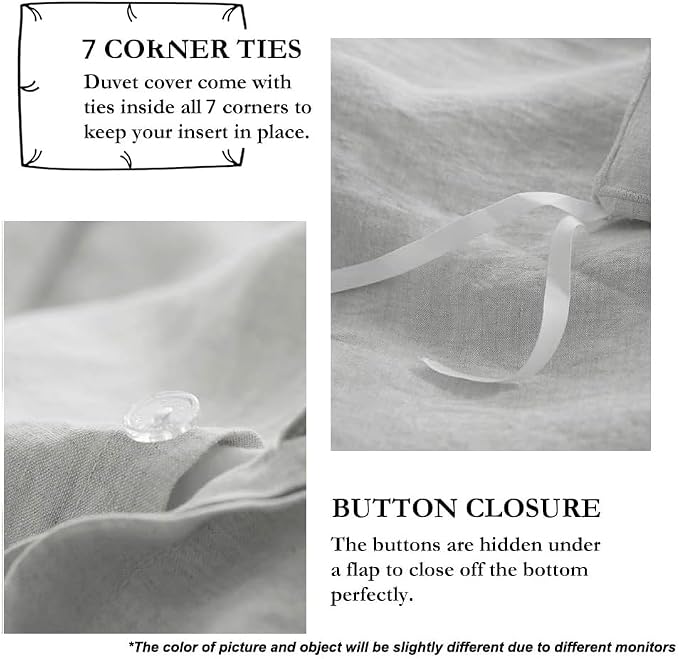 Simple&Opulence 100% French Flax Linen Duvet Cover Set with Embroidery Washed - 3 Pieces (1 Duvet Cover with 2 Pillow Shams) with Button Closure Soft Breathable Farmhouse - Light Grey, King Size