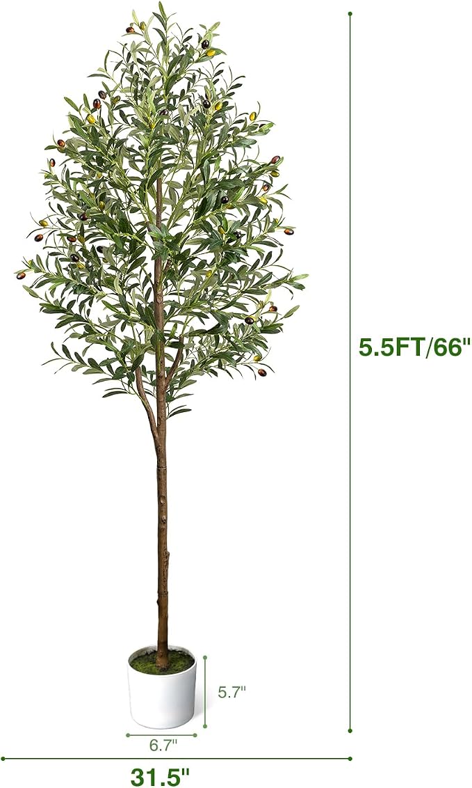 Artificial Olive Tree 5.5FT Faux Indoor Decorative Plant | Tall Trees with Planter&Basket, Large Fake Olive Silk Realistic Olive Plants with Branches for Home Decor Office Living Room