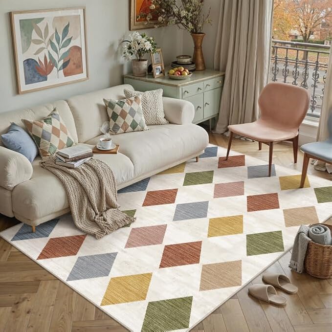 PureCozy Machine Washable 5x7 Area Rugs for Kids Room Modern Soft Colorful Checkered Rug Non-Slip Low Pile Accent Indoor Office Carpet for Nursery Bedroom Living Dining Classroom