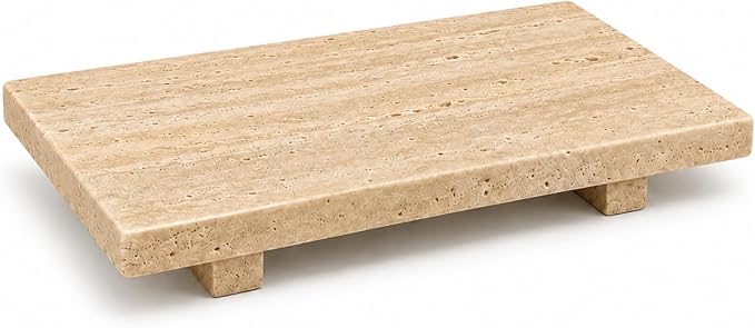 Travertine Pedestal Decorative Tray 13.8 x 6.7 in | Vanity Tray for Perfume, Jewelry, Keys and Candles, Catchall Tray for Bathroom Counter, Dresser and Entryway Decor