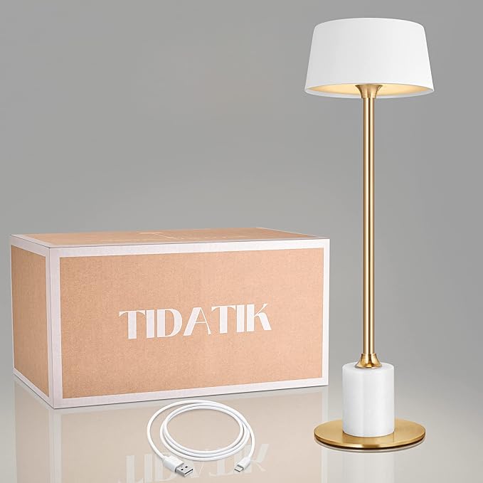 Cordless Table Lamp,Rechargeable and Battery Operated, Powered by 4000mAh Battery, 42-Hour Run Time, 3 Level Dimmable, White and Gold Lamp for Bedrooms, Restaurant, Buffet, Patio
