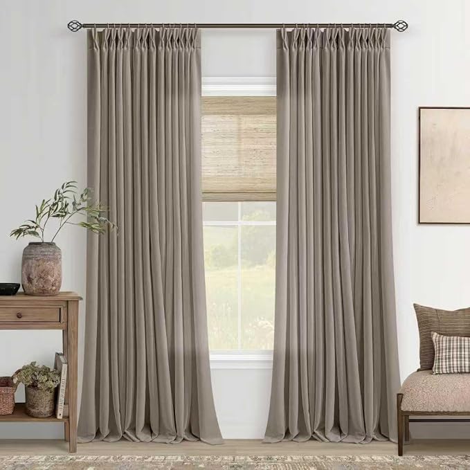 Taupe Burlywood Linen Curtains 80 Inches Long 2 Panels Set for Living Room Pinch Pleated Semi Sheer Window Drapes Light Filtering Burlap Flax Bedroom Curtain with Back Tab 80 Inch Length Grey Beige