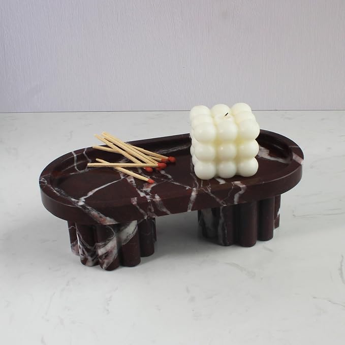 Natural Travertine Marble Oval Tray with 2 Legs, 10" Vanity Decorative Tray for Countertop Organizer, Catchall Tray for Perfume, Candles, Jewelry Dish