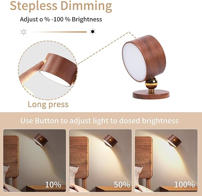 LANDGOO Wood Wall Sconce, Sapele Wood Magnetic 360° Rotatable Cordless Bedside Lamp Set, Rechargeable & Dimmable LED Lights with Touch Control, Wireless Wall Mount for Bedroom