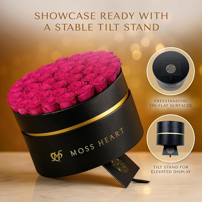 50 Petite Preserved Roses, Designer Round Box, Real Forever Roses Last 1+ Year, Premium Gift for Women, Wife, Girlfriend, Mother’s Day, Birthday, Anniversary, Valentine’s Day