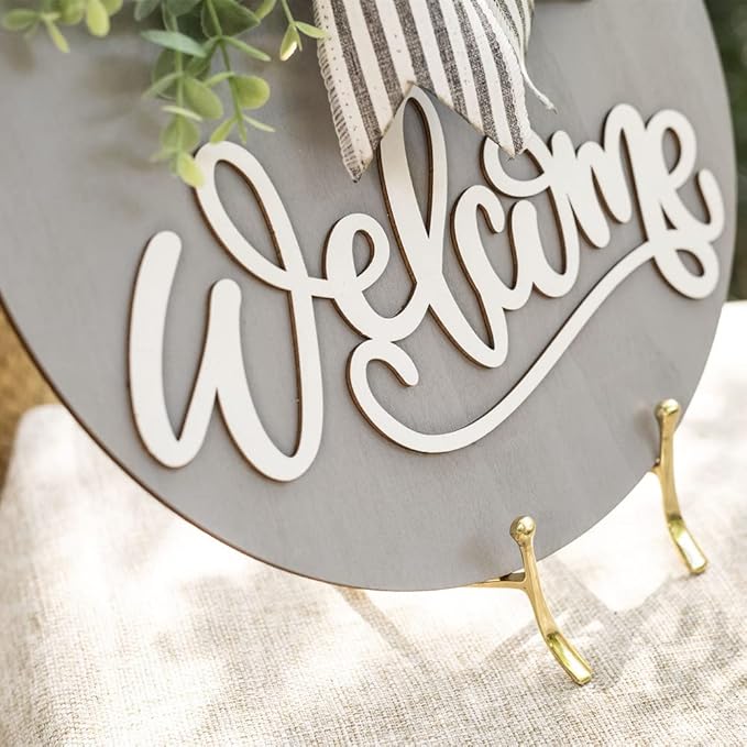 Welcome Sign for Front Door Wreath Decorations for All Seasons Front Porch Decor Hanging Gift for Farmhuose Home Outdoor Indoor (Gray-Welcome)