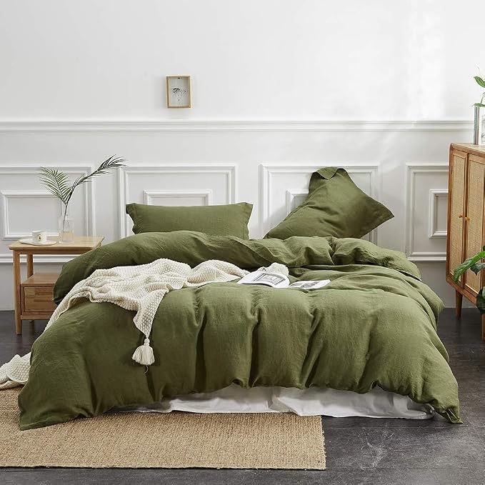 Simple&Opulence 100% Linen Duvet Cover Set, 3 PCS Natural French Flax Olive Green Duvet Cover Queen Size, Breathable Soft Comfy Linen Bedding Comforter Cover with 2 Pillowcases(Olive Green, 88"x92")
