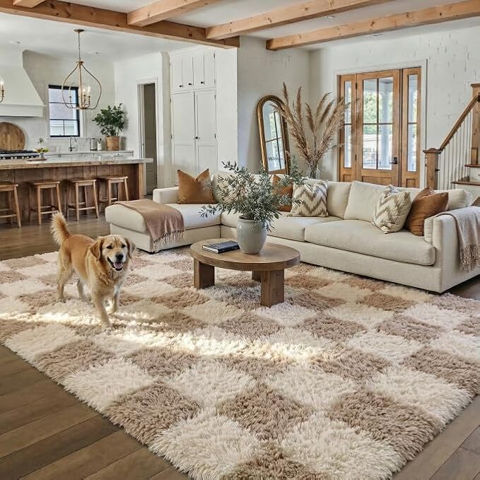 PureCozy Beige 5x7 Area Rugs for Living Room Soft Shag Checkered Large Rug Modern Washable Indoor Office Fuzzy Carpet Non-Slip Fluffy Rugs for Bedroom Nursery Dorm Playroom Home Aesthetic Decor