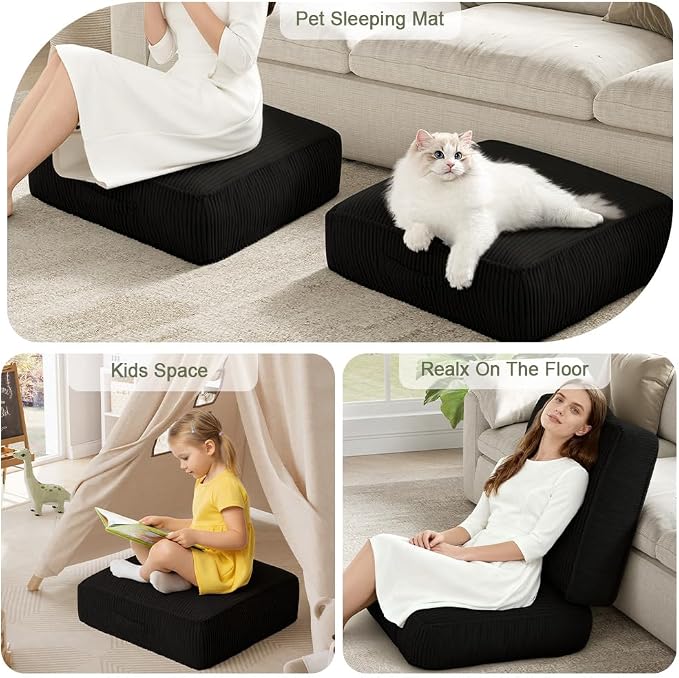Meditation Floor Pillow for Adults, 8" Extra Thick Floor Cushion for Sitting with Washable Cover, Large Corduroy Meditation Pillow, 22 inches Tatami Seat with Handle for Yoga Pillow, Black