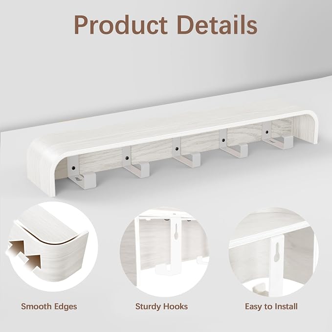 Coat Rack Wall Mount with Hidden Hooks, Wall Hooks with Shelf, Wall Key Holder Mount Wooden Shelf Entryway Hooks for Bedroom Bathroom for Hanging Coats Hats Bags Towels (White Wave-Shape, 5 Hooks)