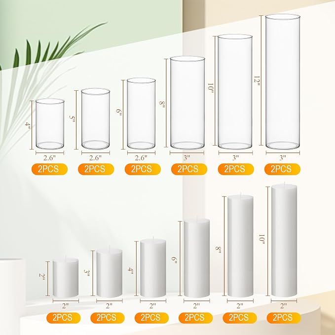 Shihanee Set of 12 Pillar Candles and Glass Cylinder Vases Assorted Sizes Cylinder Holders for Pillar Candles Home Table Centerpieces Wedding Party Decorations (White)