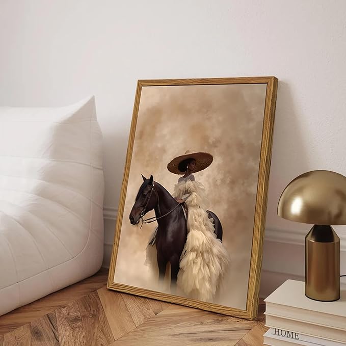 Framed Western Cowgirl Wall Art, Fashion Black Girl Riding Horse Canvas Wall Decor Painting, Black Woman African American Bride Pictures Prints Aesthetic Home Decor for Living Room Bedroom 16x24 inch